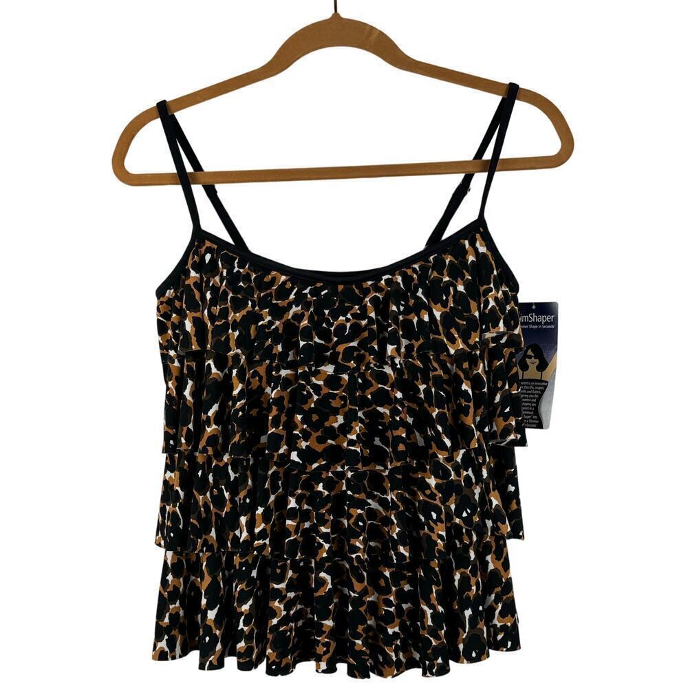 Slim Shaper UPF 50 Black Goldish‎ Brown Animal Print Ruffle Swimwear Top Size 12